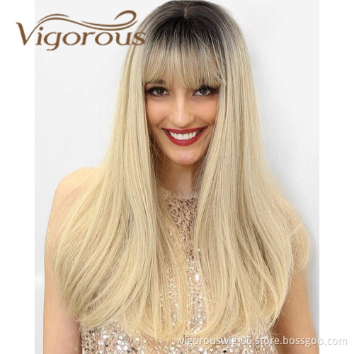 Vigorous High Quality Cheap Price Long Straight Wave Ombre Blonde Dark Root With Neat Bangs For Black Women Synthetic Hair Wigs